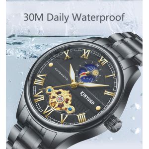KINYUED luminous moon phase luxury black watch tourbillon automatic mechanical