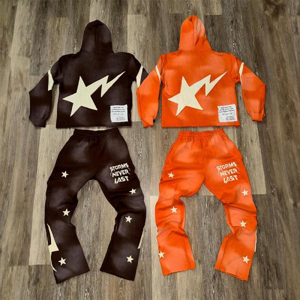 Manufacturers Custom Sun Faded Embroidery Patch Acid Wash Vintage Zipper Cropped Cut and Sew Hoodies Sweatpants and Hoodie Set