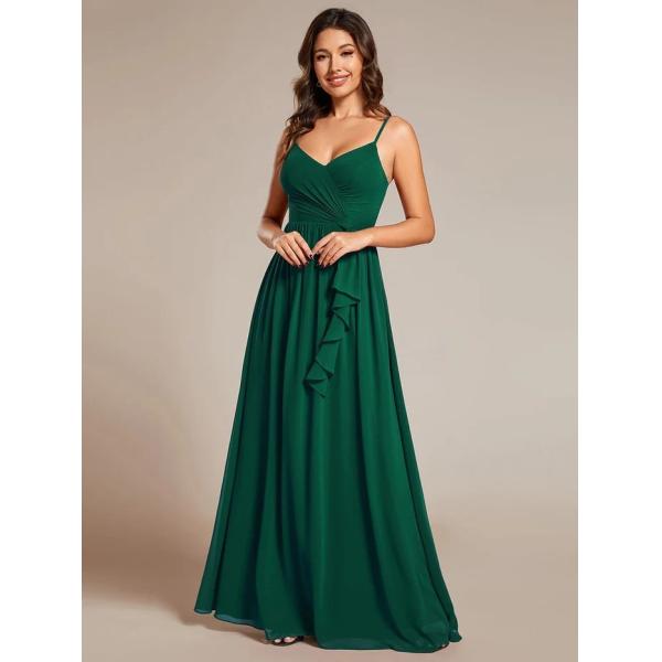 Elegant Maxi V-neck Lotus Leaf Pleating Spaghetti Strap A-line Dark Green Chiffon Evening Dress