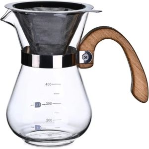 Normal Bottle Type Transparent Glass Coffee Dripper with Bamboo Stand and Handle
