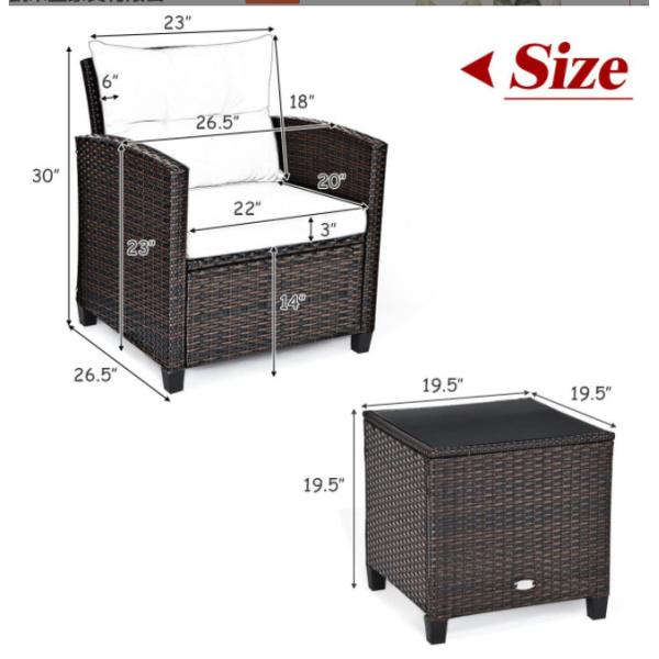 3pc Patio Wicker Bistro Conversation Patio Balcony Poolside-2 Cushioned Armchairs Glass Topped Table Outdoor Rattan Sofa