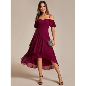 Empire Off-shoulder Spaghetti Strap Zipper High-low Wedding Guest Dresses Short