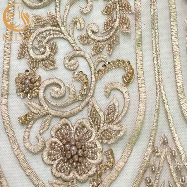 Modern Gold Heavy Beaded Lace Fabric Embroidery For Bridal Dress