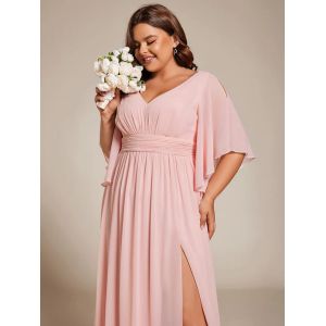 Empire Plus Size V-neck Ruffled A-line Invisible Zipper Half Flutter Sleeves