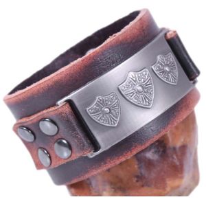 Shield charm leather cuff with dots studs, men leather bracelets