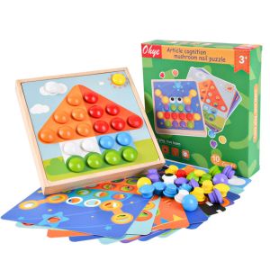 Children Wood Baby Developmental Toys Particle Button Puzzle Mushroom Nail