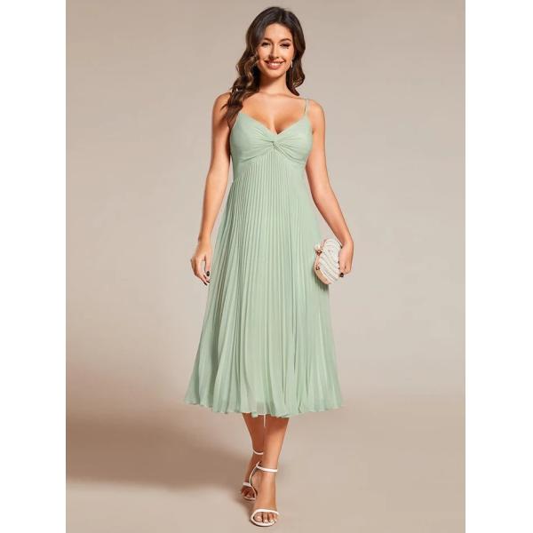 V-neck Empire Midi Mint Green Chiffon Stacked Pleating Backless Wedding Guest Dress Cocktail Dresses