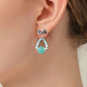 Handmade Crystal Stone Earrings Green Flourite Gemstone Beaded Bow Charms