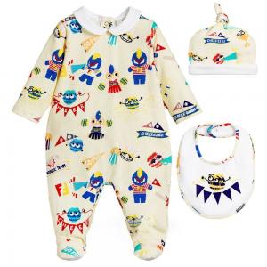 China Baby Coming Home Set Newborn Long Sleeve Printed Romper + Bib + Hat 3 Pieces Baby Clothes Set on sale