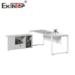 Customizable White Office Desk With Metal Frame Wooden Desktop