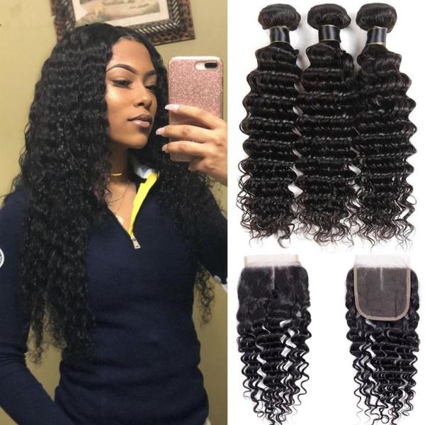 Buy Black Color 100% Brazilian Virgin Hair Deep Wave Bundles With Lace Closure at wholesale prices
