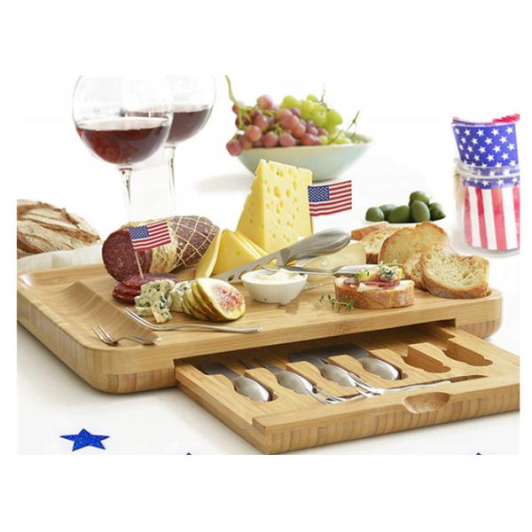 Buy Bamboo Wooden Cheese Board With 6 Stainless Steel Cheese Knives & 6 Appetizer Forks at wholesale prices