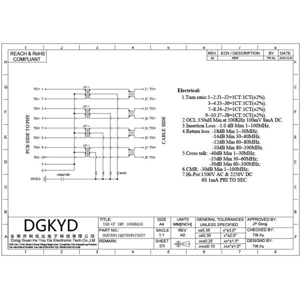 TAB-UP Gigabit Integrated Transformer Shielding SMD RJ45 Network Connector Without Light DGKYD911Q070GWA7S057