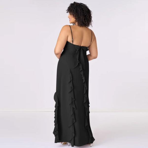Excellent Plus Size Black Chiffon Bridesmaid Dress Sheath Spaghetti Straps Ruffles Backless Straight Front Split Slit