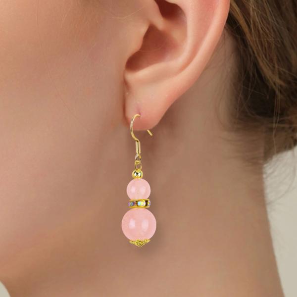 Healing Energy Pink Rose Quartz Crystal Short Dangle Round Shape Bead Hook Earring For Daily Wear