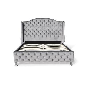 Customized Silver Grey Upholstered Bed Velvet Fabric Button Tufted High