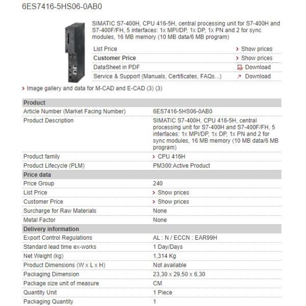 6ES7416-5HS06-0AB0 6ES7 416-5HS06-0AB0 Siemens Processor Module