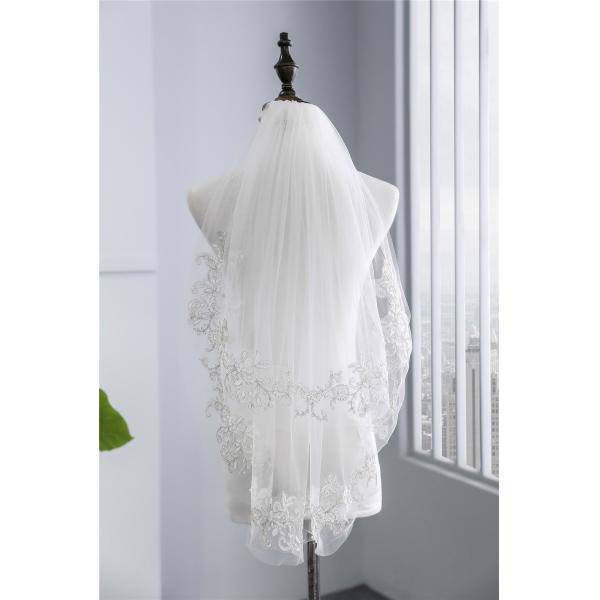 Elegant Customized Wholesale Two Layers Tulle Appliqued Lace Short Bridal Wedding Veil With Hair Comb