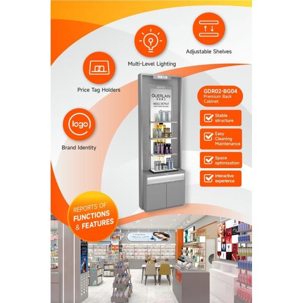 GDR02-BG04 Premium Skincare Display Cabinet with LED Strip Lights and Silver Mirror for Fashion Boutiques