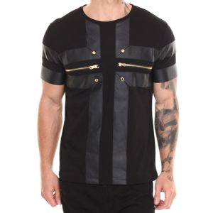 China Men tshirt design with zipper and leather scoop neck t shirt for men on sale