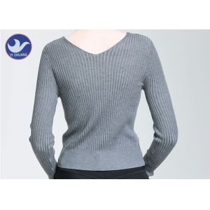 Ribbed Womens Knit Pullover Sweater V Neck Tight Fit Lady Knitwear