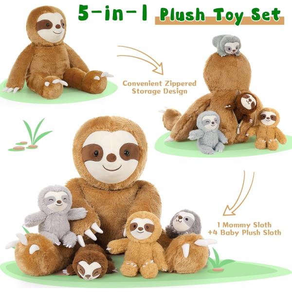 Large 22in Cute Lazy Sloth Stuffed Animal Toy 5pcs Mommy and 4 Baby Sloths Plush Perfect Birthday Gift Kids Boys Girls