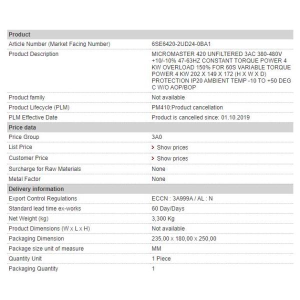 6SE6420-2UD24-0BA1 Siemens MICROMASTER 420 Drive