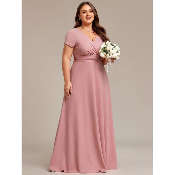 Simple Plus Size V-neck Empire Waist A-line Short Sleeve Zipper Burgundy Chiffon Evening Dress