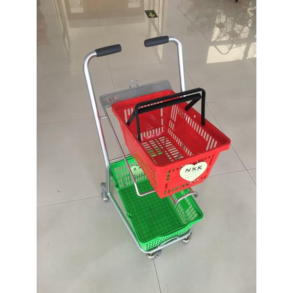 Super Market Shopping Basket Trolley , Flat Casters Double Basket Shopping