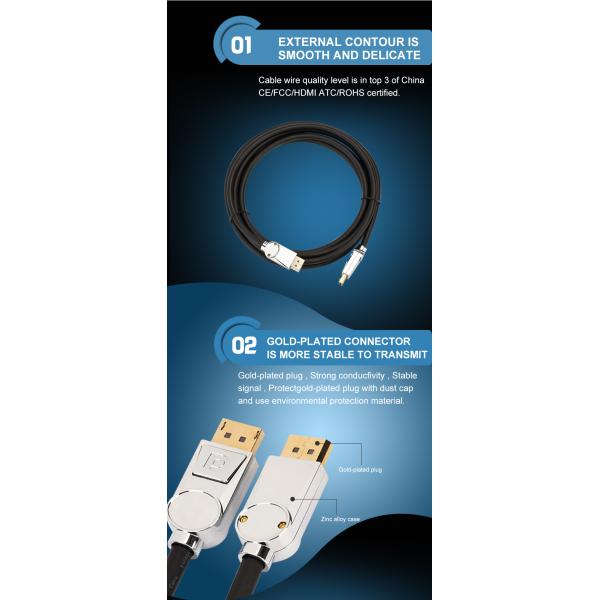 Oxygen Free Copper 3m Male To Male 8k Displayport Cable Dp 1.4