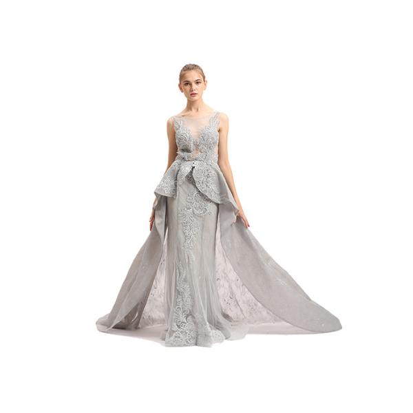 Buy Floor Length O Neck Prom Wedding Dresses / Grey Beading Muslim Evening Dress at wholesale prices