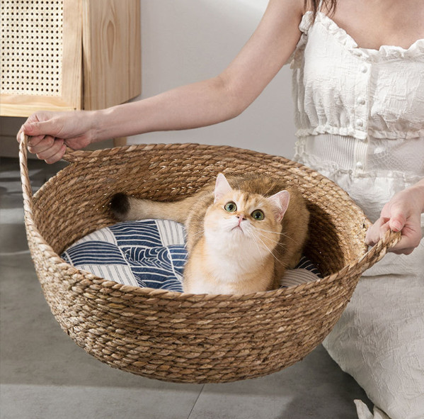 Buy Natural Handmade Braided Cattail Bamboo Cat Bed With Soft Cushion at wholesale prices
