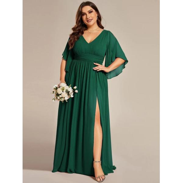 Empire Plus Size V-neck Ruffled A-line Invisible Zipper Half Flutter Sleeves Dark Green Chiffon Party Dress