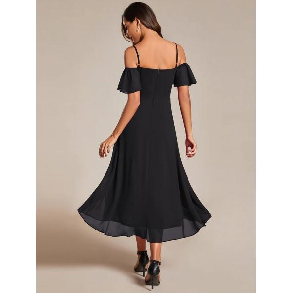Empire Off-shoulder Spaghetti Strap Zipper High-low Wedding Guest Dresses Short Sleeves Black Chiffon Prom Dress