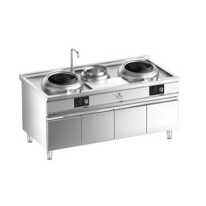 Quality Floor Western Induction Double-wok Cooker and Bain Marie with Cabinet for sale
