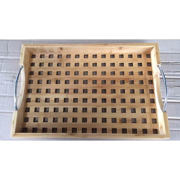 Buy bamboo wood serving tray with metal handle at wholesale prices