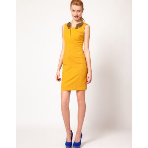 Yellow Slim Short Flared Dresses , Women / Ladies Beading Sleeveless