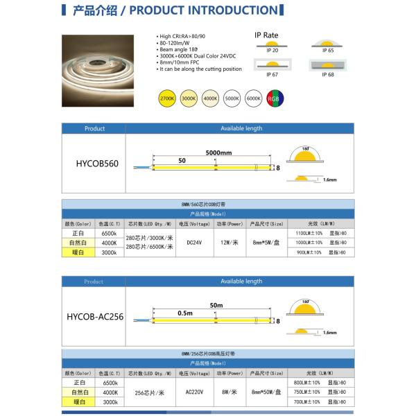 12V 24V LED COB Strip Light Single Colour Flexible 3000K 4000K 6500K