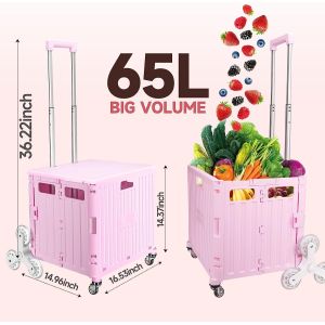 Foldable Cart With Stair Climbing Wheels, Collapsible Rolling Crate Telescoping