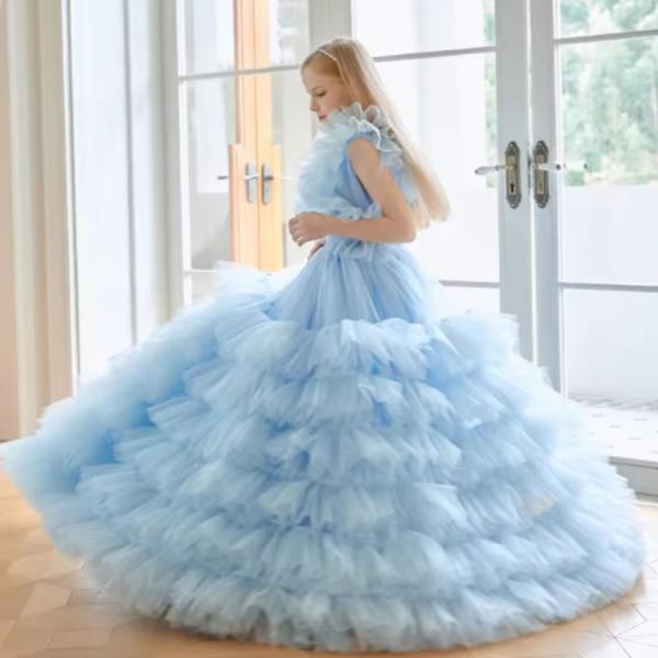 Summer Girl Clothing Blue Flower Tutu Long Wedding Dress Flower Girl Puffy Birthday Dresses Child