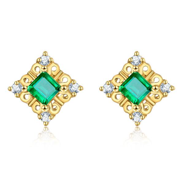 Buy 18K Yellow Gold Natural Emeral Inlay Diamonds Stud Earrings at wholesale prices