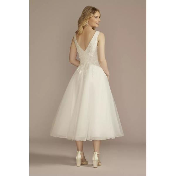 Flirty A-line Plus Size Tea-length Plunging Neckline Tank Straps Appliqued Lace Zipper White Organza Midi Wedding Dress