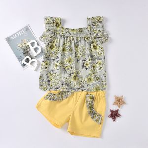 China Flower Printed Shrinkled Top + Ruffled Pocket Embroidered Bottoms Girl Summer Set on sale