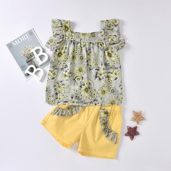 Flower Printed Shrinkled Top + Ruffled Pocket Embroidered Bottoms Girl Summer