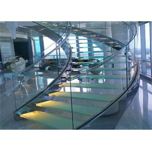 Solid Wood Apartment Stairs Carbon Steel Beam With Clear Tempered Glass Railing