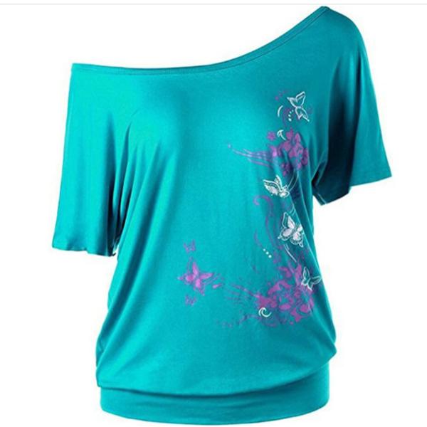 100% Cotton Plus Size Ladies Shirts Bat Sleeve T Shirt Slant Shoulder Short Sleeve
