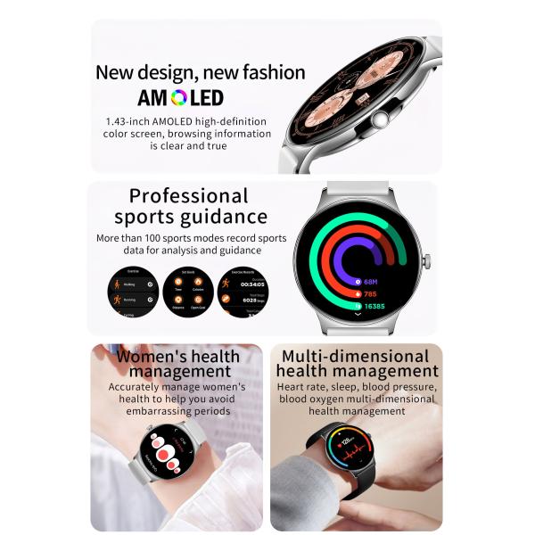 5.1Smart Women'S Bluetooth Watch Round Amoled Display OEM