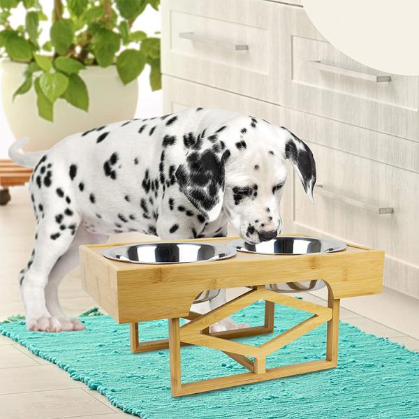 Adjustable Raised Bamboo Pet Feeder 100% Solid Bamboo Stand Dog Bowl