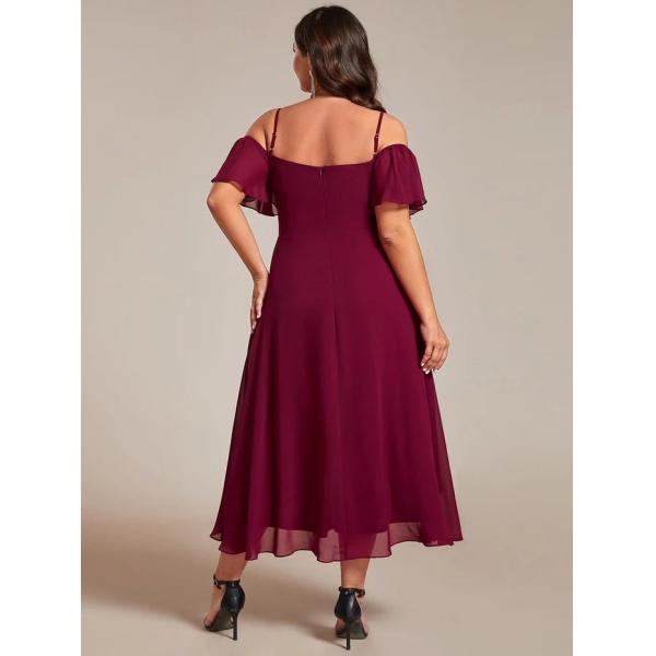 Empire Off-shoulder Spaghetti Strap Zipper High-low Wedding Guest Dresses Short Sleeves Burgundy Chiffon Evening Dress