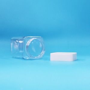 Square Airless Transparent PET Plastic Storage Snack Candy Jar White Screw Flat